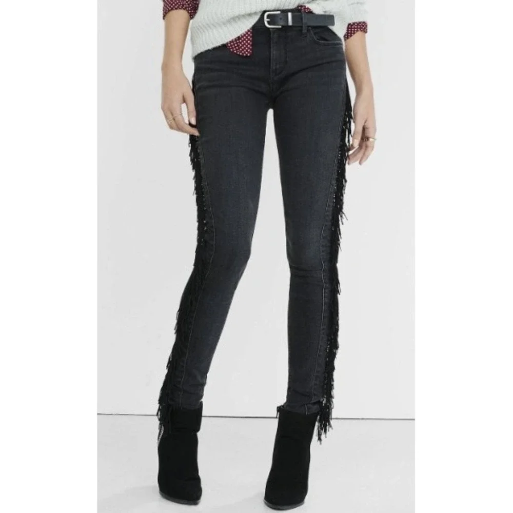 Express Jeans Womens 6R Black Fringe Side Seam Mid Rise Legging Skinny Denim - Picture 1 of 8